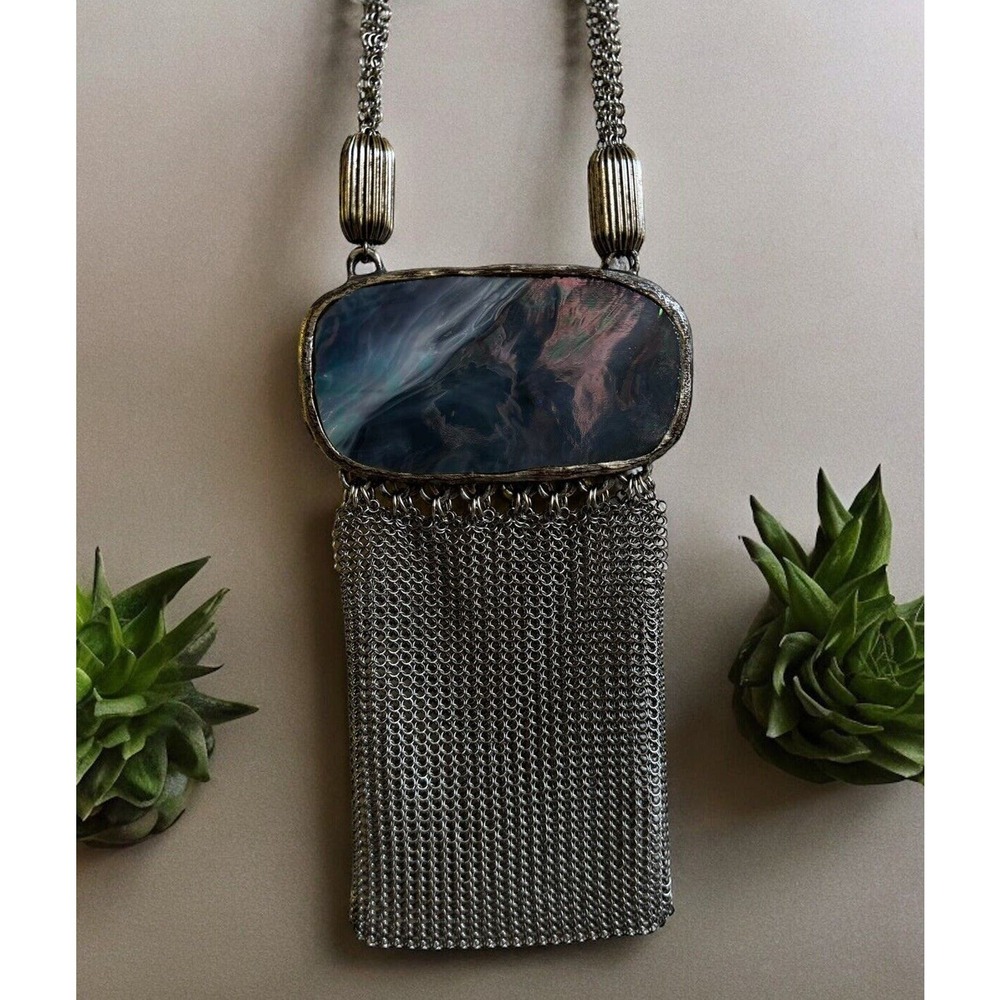 Long Chain‎ Purse Pendant Necklace Silver Plated Cell Phone Holder Msrp $224